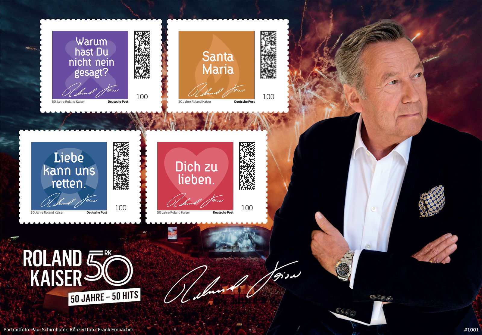 Roland Kaiser mit den vier Motiven seiner Hit-Briefmarken